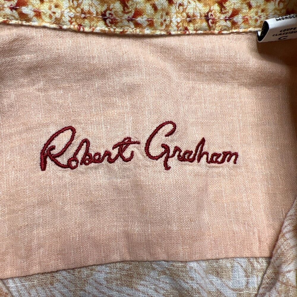 Robert Graham Shirt Mens Large Orange White Linen Blend Abstract Beach Coastal - Picture 2 of 9